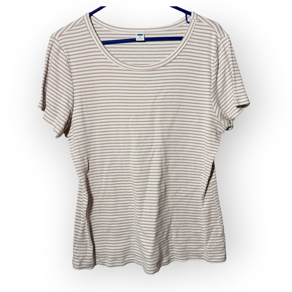 Old Navy Womens XL Pink White Striped Ribbed Knit Short Sleeve Scoop Neck‎ Tee